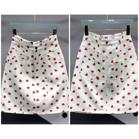 Women White Heart Print Fashion Denim Skirt