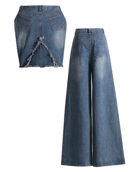 Women Fashion Sleeveless Denim Two Piece Pant Set