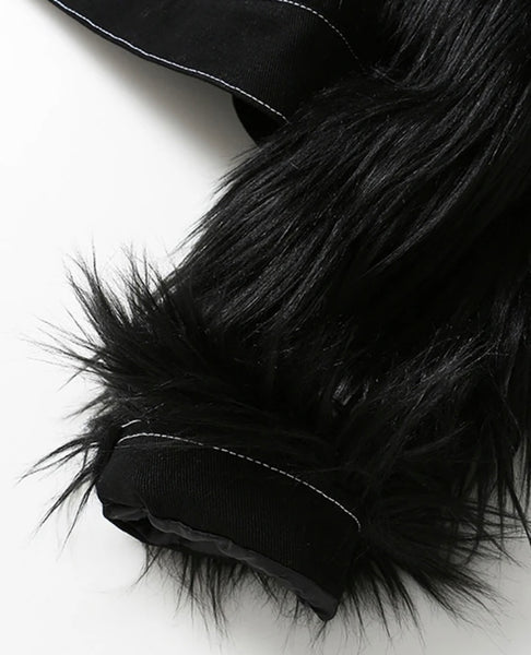 Women Black Button Up Fashion Denim Faux Fur Sleeve Jacket