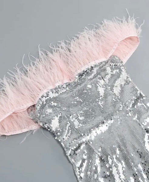 Women Sexy Feather Strapless Sequins Dress
