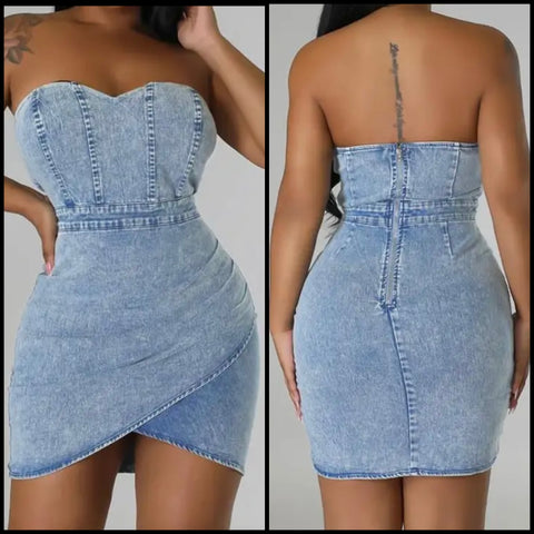 Women Sexy Strapless Back Zipper Denim Dress