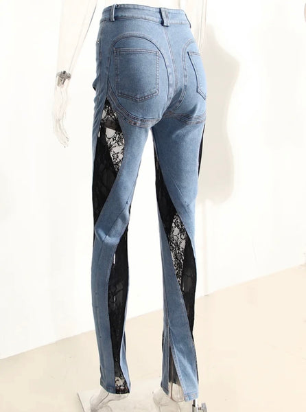 Women Lace Patchwork Denim Fashion Pants