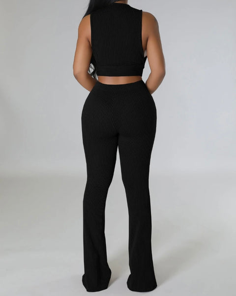 Women Ribbed Sleeveless Solid Color Sexy Two Piece Pant Set