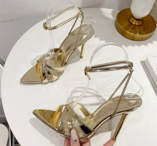 Women Pointed Toe High Heel Chain Ankle Strap Sandals
