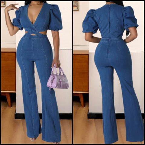 Women Short Sleeve Cut Out Fashion Denim Jumpsuit