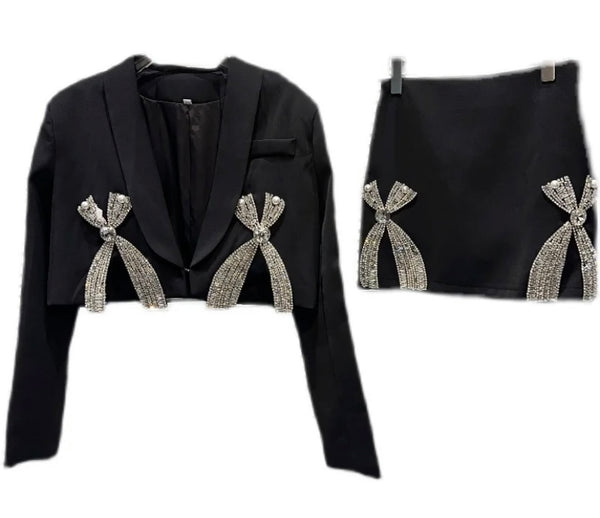 Women Black Rhinestone Bow Blazer Two Piece Skirt Set