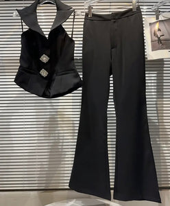 Women Sexy Rhinestone Button Collar Halter Two Piece Pant Set
