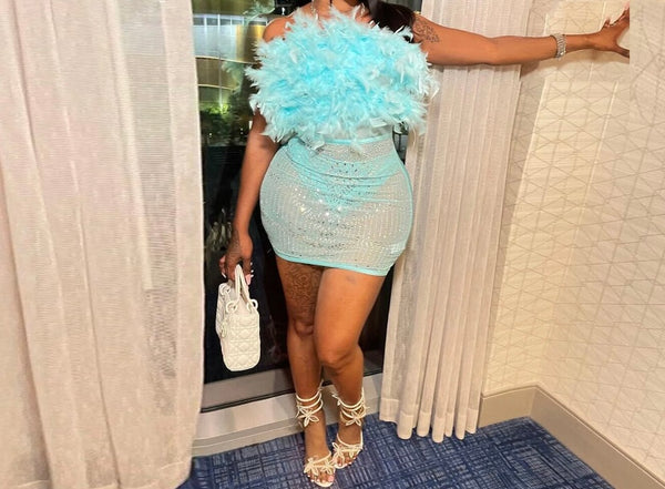 Women Sexy Feather Strapless Bling Mesh Patchwork Dress