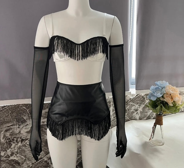 Women Sexy B&W Tassel Glove Lingerie Set