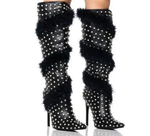 Women Bling Faux Fur Pointed Toe Knee High Boots