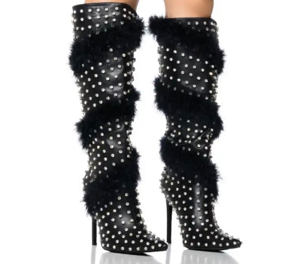 Women Bling Faux Fur Pointed Toe Knee High Boots