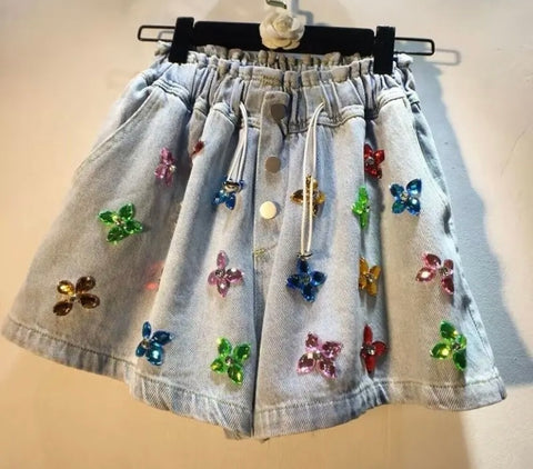 Women Fashion Colorful Gem Drawstring Denim Shorts
