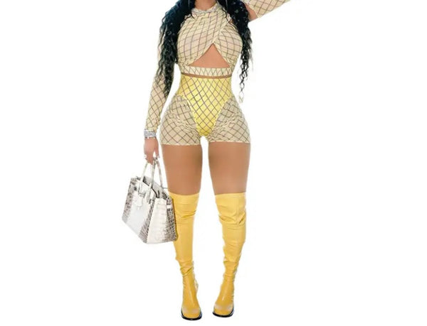 Women Yellow Printed Fashion Full Sleeve Mesh Two Piece Short Set