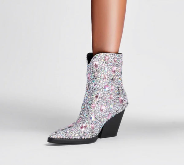 Women Pointed Toe Bling Gem Fashion Ankle Western Boots
