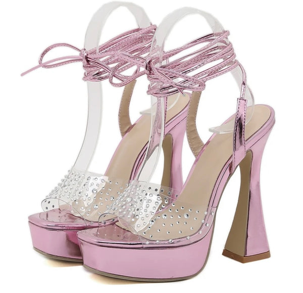 Women Fashion Bling Metallic Lace Up High Heel Sandals