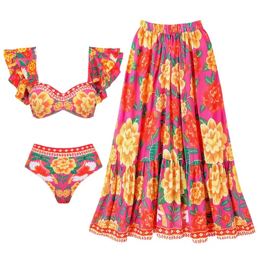 Women Ruffled Colorful Print Sexy Bikini/Swimsuit Cover Up Set