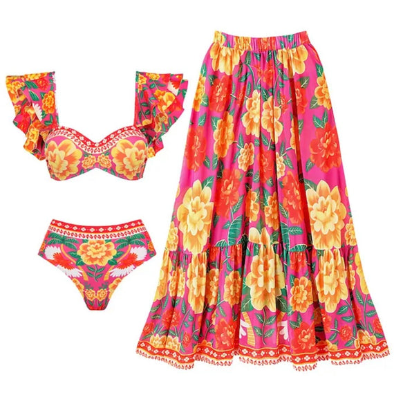 Women Ruffled Colorful Print Sexy Bikini/Swimsuit Cover Up Set
