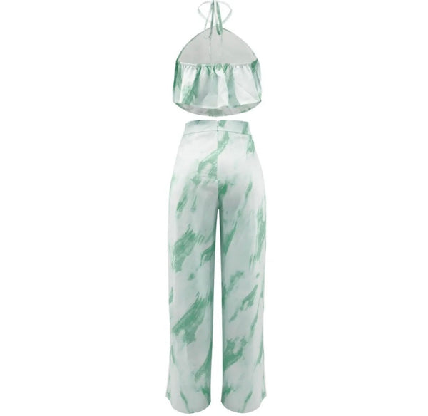 Women Ruffled Sleeveless Halter Two Piece Wide Leg Pant Set