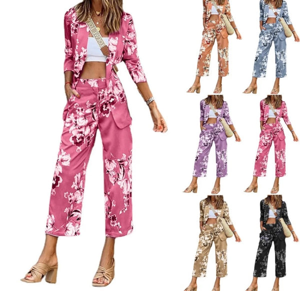 Women Fashion Floral Blazer Two Piece Pant Set
