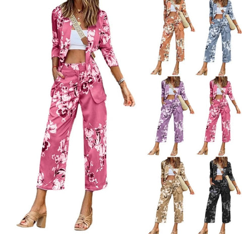 Women Fashion Floral Blazer Two Piece Pant Set