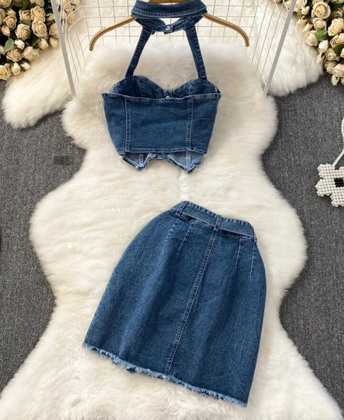 Women Halter Sleeveless Buckled Two Piece Denim Skirt Set