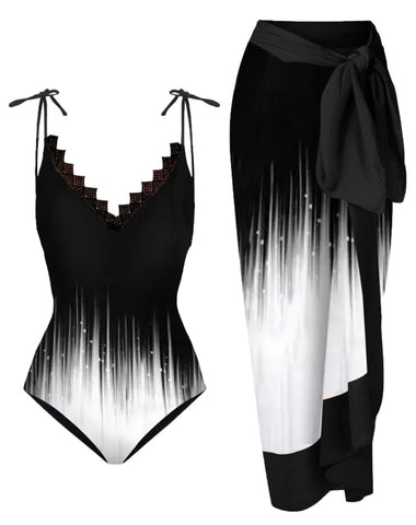 Women B&W Gradient Sexy Swimsuit Cover Up Set