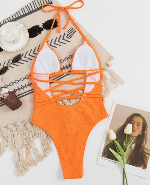 Women Orange Sexy Halter Lace Up Swimsuit