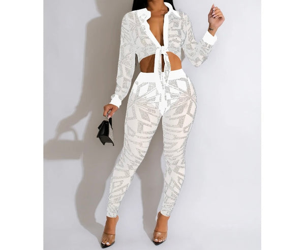 Women Full Sleeve Bling Mesh Button Up Two Piece Pant Set