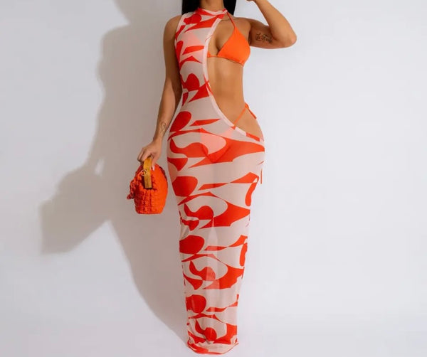 Women Sexy Bikini One Shoulder Maxi Dress Cover Up Set