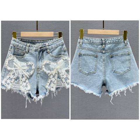 Women Mesh Bow Fashion Denim Shorts