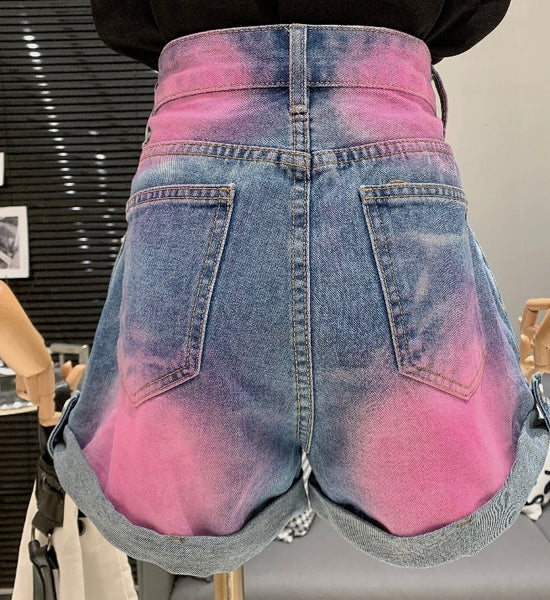 Women Fashion Pink Patchwork Denim Shorts