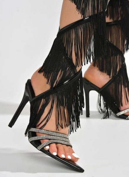 Women Rhinestone Open Toe Tassel Lace Up Sandals
