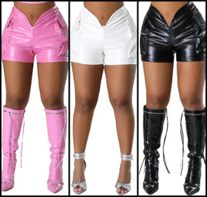 Women Fashion Pocket PU Shorts