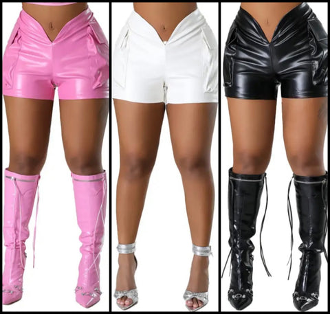 Women Fashion Pocket PU Shorts