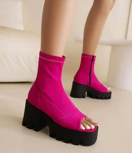 Women Open Toe Platform Fashion Side Zipper Ankle Boots