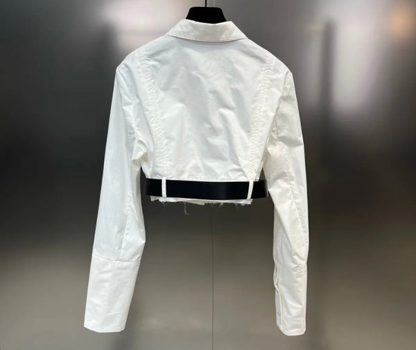 Women White Full Sleeve Belted Crop Two Piece Pocket Skirt Set