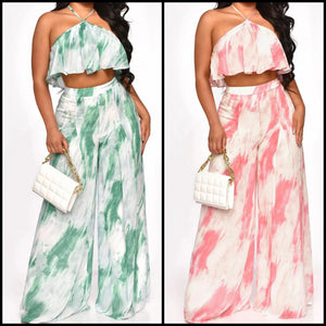 Women Ruffled Sleeveless Halter Two Piece Wide Leg Pant Set