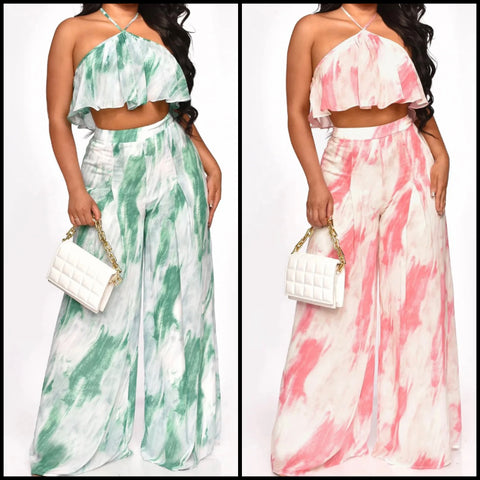 Women Ruffled Sleeveless Halter Two Piece Wide Leg Pant Set