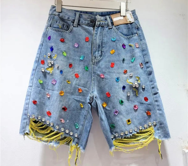 Women Color Ripped Rhinestone Gem Denim Shorts
