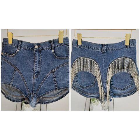 Women Rhinestone Tassel Fashion Denim Shorts