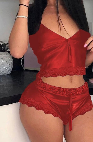 Women Sexy Sleeveless Satin Lace Patchwork Lingerie Short Set