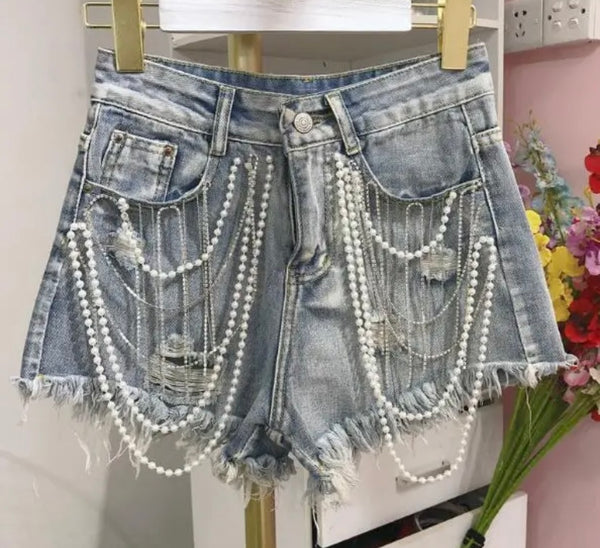 Women Bling Pearl Fashion Ripped Denim Shorts