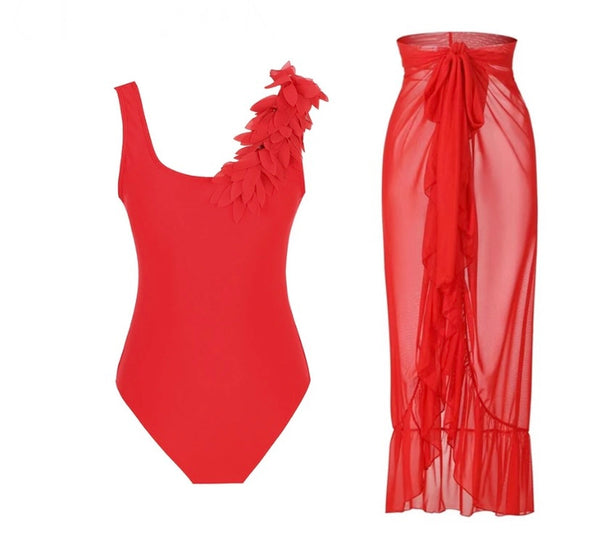 Women Sexy Red Ruffled Swimsuit Mesh Cover Up Set