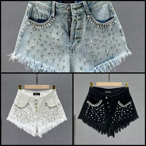 Women Fashion Fringe Rhinestone Patchwork Denim Shorts