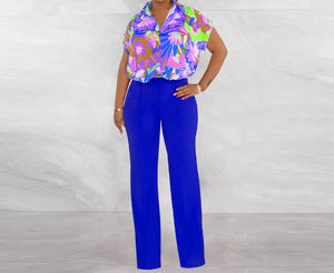 Women Floral Button Up Short Sleeve Two Piece Pant Set