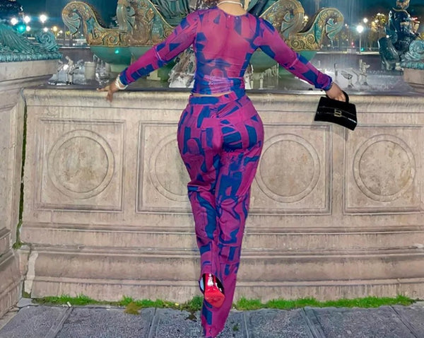 Women Color Patchwork Printed Full Sleeve Mesh Two Piece Pant Set