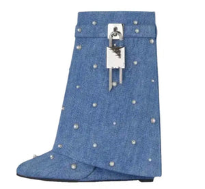 Women Buckled Lock Fashion Platform Denim Ankle Boots