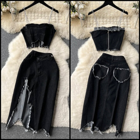 Women Chain Sleeveless Crop Fashion Two Piece Denim Skirt Set