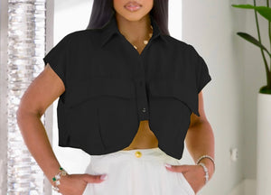 Women Solid Color Button Up Short Sleeve Fashion Crop Top