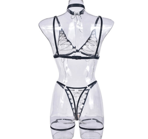 Women Sexy Lace Up Mesh Patchwork Lingerie Set